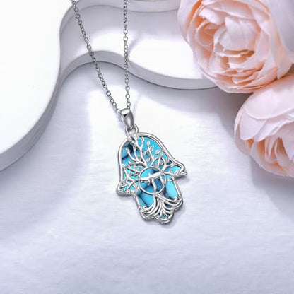 Hamsa Necklace 925 Sterling Silver Evil Eye/Lotus Flower/Star of David/Chai/Yin Yang Hamsa Hand Pendant Jewelry Hand of Fatima Gifts for Women - style: Chai-Turquoise