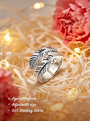 AVECON S925 Sterling Silver Turquoise/Labradorite/Just Breathe/Onyx Rings | Hypoallergenic Adjustable Open Feather Gift Women Men Thumb Spoon Statement Western Band Jewelry for Anniversary - color: silver