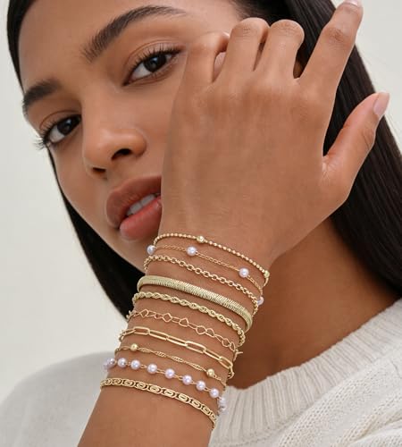 10 Pcs Gold Bracelets for Women, 14K Gold Plated Stackable Cuban Link Paperclip Chain Bracelet Set, Dainty Gold Bracelets Stack Jewelry - color: Gold-pearl