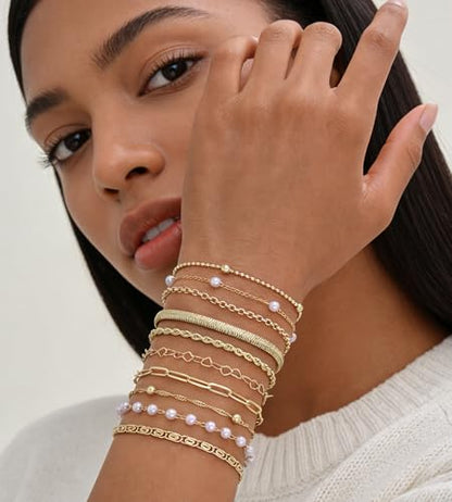 10 Pcs Gold Bracelets for Women, 14K Gold Plated Stackable Cuban Link Paperclip Chain Bracelet Set, Dainty Gold Bracelets Stack Jewelry - color: Gold-pearl
