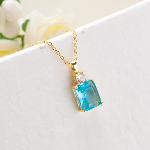 CiNily Rectangular Crystal Necklace for Women Trendy, Pendant Necklace with Chain 14K White Gold | Gold Plated Multicolor Birthstone Pendant Necklaces Boho Jewelry for Christmas Birthday Wedding - color: Gold-Blue cz
