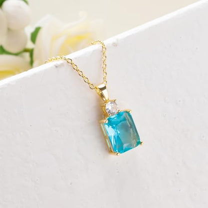 CiNily Rectangular Crystal Necklace for Women Trendy, Pendant Necklace with Chain 14K White Gold | Gold Plated Multicolor Birthstone Pendant Necklaces Boho Jewelry for Christmas Birthday Wedding - color: Gold-Blue cz