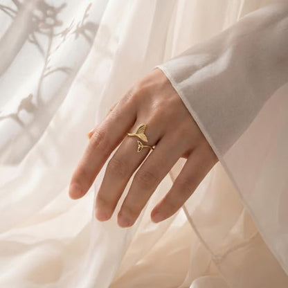 925 Sterling Silver Adjustable Rings for Women 14K Gold Plated Thumb Rings | Stackable Statement Eternity Rings Dainty Starfish Star Moon Heart Lucky Open Ring Trendy Jewelry Birthday Gifts for Ladies - color: Gold Fish Tail Ring