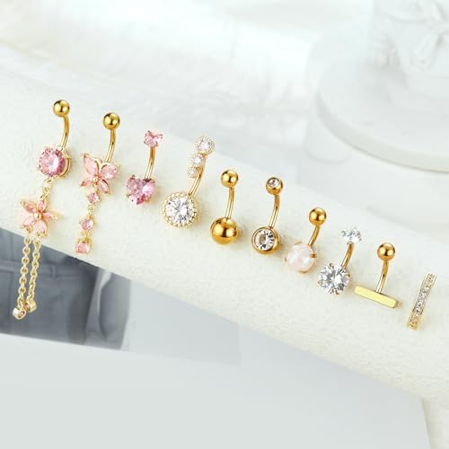 BSJ4U Gold Silver Belly Button Ring Belly Rings for Women Belly Button Piercing 14G Surgical Stainless Steel Dangle Flower Pink Heart Opal Navel Belly Piercing Jewelry Clicker Belly Button Jewelry