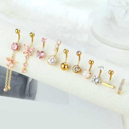 BSJ4U Gold Silver Belly Button Ring Belly Rings for Women Belly Button Piercing 14G Surgical Stainless Steel Dangle Flower Pink Heart Opal Navel Belly Piercing Jewelry Clicker Belly Button Jewelry