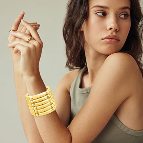 YBMYCM 5PCS Gold Chunky Bangles Bracelets for Women | 14k Gold Plated Stackable Layered Curved Bamboo Tube Stretch Bracelets Bangle Gift Jewelry - color: 6pcs G-8mm