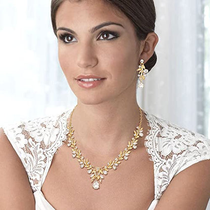 Women's Wedding Jewelry Set Leaf Flower for Bridal Prom Party | Stunning Crystal Teardrop Marquise Cluster Pendant Necklace Dangle Earrings Set for Bride Bridesmaid - color: 03-Clear Gold-Plated-Base