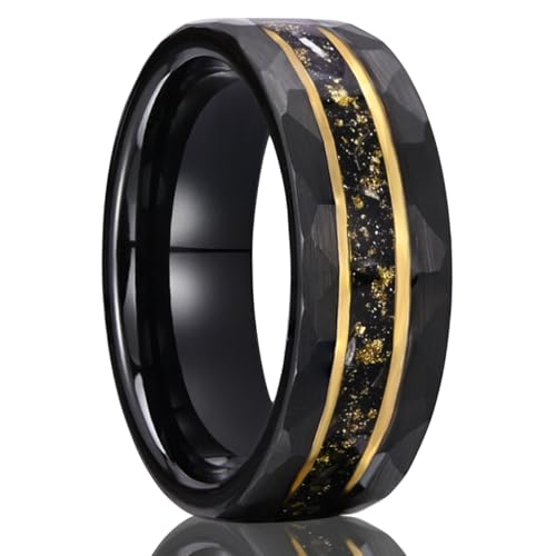 Tungsten Rings for men Black Hammered Men's Wedding bands | 8mm Inlaid Gold Foil Meteorite and Golden Grooves High Polish Matte Brushed Men's Engagement Rings Suitable for Anniversary - color: 8mm black