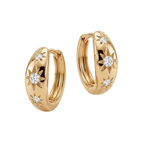 MEVECCO Chunky Huggie Hoop Earrings for Women Starburst Beaded Styles | 18K Gold Plated Brass, Triple Or Single Cubic Zirconia Star Details, Graduated Rounded Profile, Front Stone Row - style: Starburst Three