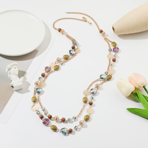 Bocar Long Necklaces for Women Trendy, Boho Layered Crystal Beaded Collar Necklaces for Women, Fashion Statement Necklaces Jewelry - color: Purple green