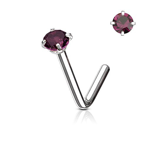 Round CZ L Bend Nose Stud Ring 316L Surgical Steel (CHOOSE SIZE & COLOR) - style: 18 GA Purple