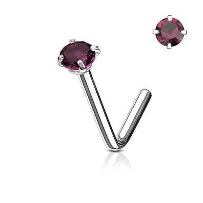 Round CZ L Bend Nose Stud Ring 316L Surgical Steel (CHOOSE SIZE & COLOR) - style: 20 GA Purple