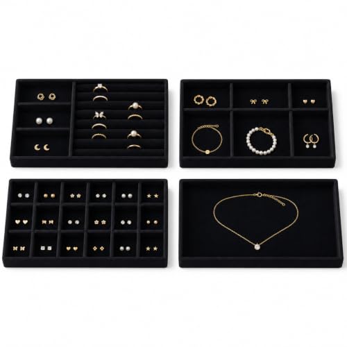4 Pack Stackable Jewelry Organizer Tray Set - Velvet Display Case | for Rings Earrings Necklaces, for Drawer Organization, Can Stacked - color: Black