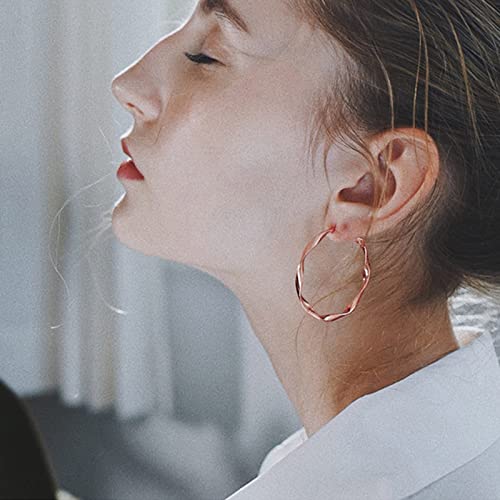 24K Gold Hoop Earrings for Women Trendy Real Gold Plated Twisted Thin Huggie Hoops, Dainty Cute Big Gold Filled Dangle Hoop Earrings Nickel Free Womens Earrings for Sensitive Ears Hypoallergenic - style: Rose Gold 50mm