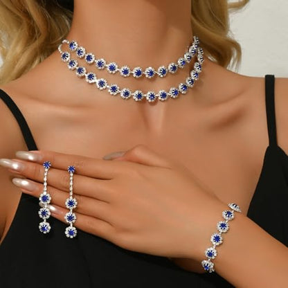 Rhinestone Bridal Wedding Jewelry Set，Crystal Necklace Earrings Bracelet Sets Formal Costume Jewelry for Women and Brides - color: BLUE
