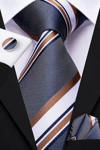 Dubulle Mens Paisley Striped Tie Woven Necktie for Men and Handkerchief Cufflinks Set Wedding Formal Business - color: Brown Blue