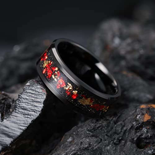 King Will Mens Wedding Band with Foils Inlay, Black/Silver/Gold Beveled Edge Glowstone Ring, 6mm/8mm Tungsten Carbide Rings Comfort Fit - color: Black&Red+Gold-8mm