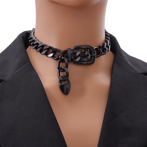 CJIAYUJEW Chunky Gold & Silver Cuban Chain Choker & Belt Necklaces for Women & Men - Punk Style Thick Link Belts - color: black