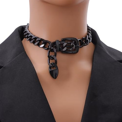 CJIAYUJEW Chunky Gold & Silver Cuban Chain Choker & Belt Necklaces for Women & Men - Punk Style Thick Link Belts - color: black