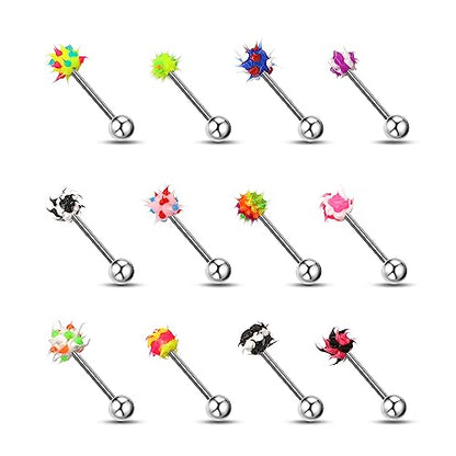 14G Body Piercing Jewelry Surgical Steel Belly Button Rings Tongue Rings Packs Silicone Spike Ball Barbell Belly Tongue Nipple Rings Piercing for Women - style: Silicone tongue rings 16pcs
