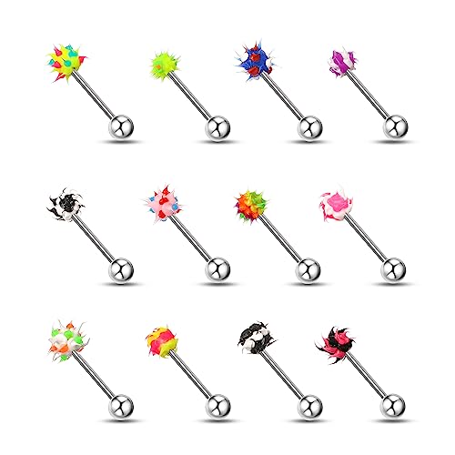 14G Body Piercing Jewelry Surgical Steel Belly Button Rings Tongue Rings Packs Silicone Spike Ball Barbell Belly Tongue Nipple Rings Piercing for Women - style: Silicone tongue rings 16pcs