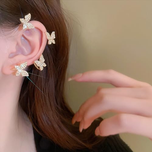 Butterfly Ear Cuff Earrings Sparkly Butterfly Ear Wrap Clip On Earrings Fairy Right Left Ear Cuffs Non Piercing - color: Gold