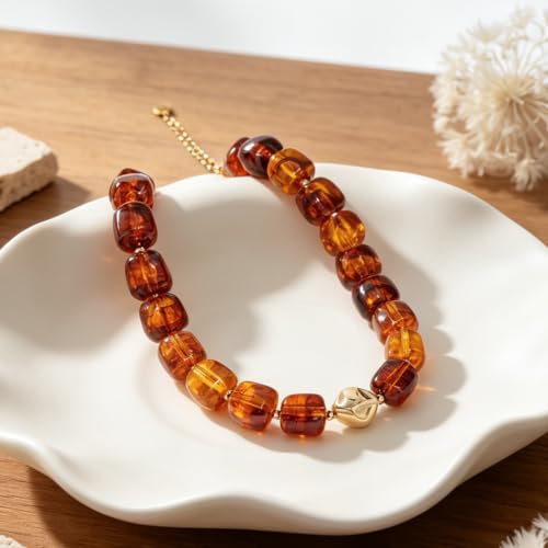 Chunky Beaded Necklace for Women,Square Resin beads boho Choker Necklace with gold-tone spacers,Fashion Trendy Summer Beach Party Necklaces Handmade Surfer Beach Necklaces Jewelry Gifts - color: Amber