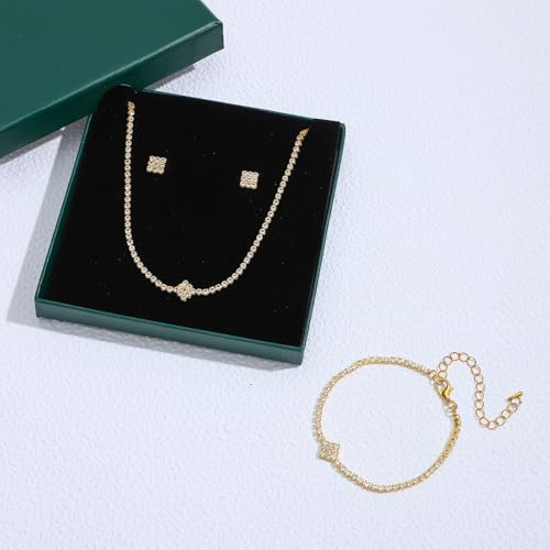 NEWITIN 4 Pieces Crystal Jewelry Set for Women Wedding Costume Accessories | Hypoallergenic, Cubic Zirconia, Necklace Earrings Bracelet, Tennis, Silver Jewelry for Wedding Bride Bridesmaid Party Prom - color: Gold Trendy