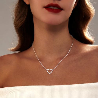 Zeffy Dainty Gold Heart Necklace for Women Trendy 14K Gold/Silver Plate Cute Heart Pendant Choker Necklaces Gold Love Heart Chain Necklace for Women Dainty Gold Jewelry Gifts for Women - style: CZ Open Heart Necklace-Silver