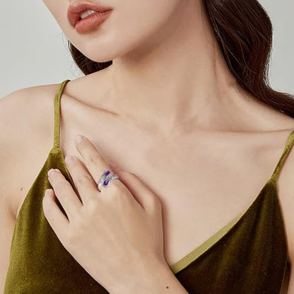 Ring for Women Sterling Silver Adjustable Band Open Rings Jewelry Gifts for Girls - style: Amethyst
