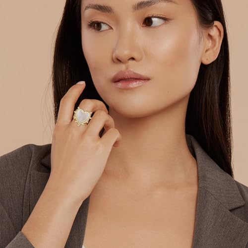 HZMAN 14K Gold Plated Open Ring for Women Brass Crystal Non Adjustable Statement Ring Collection - color: Heart Mother of Pearl