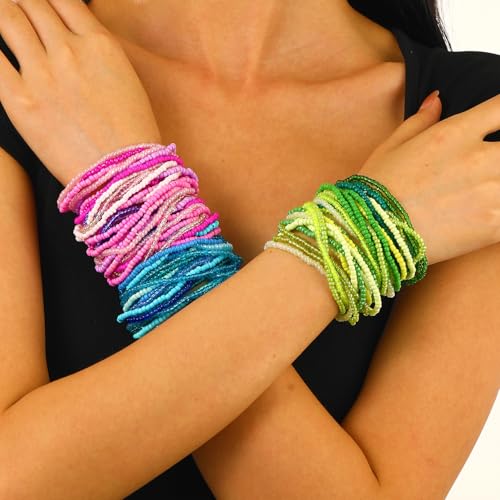 Soyzvteo 17Pcs Elastic Beaded Bracelets Bohemian Stackable Beaded Stretch Bracelets Colorful Boho Beach Bracelet Set Rainbow Handmade Seed Beach Bracelet Jewelry - color: 30Pcs/Green