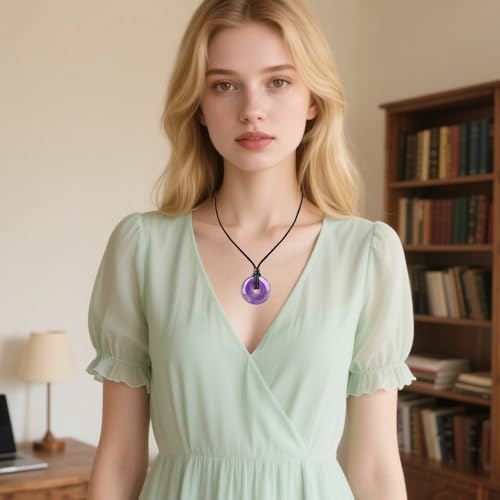 Anjiucc Natural Gemstone Pendant Necklce Lucky Coin Crystal Necklace Donut Pendnat with Adjustable Rope Healing Crystal for Men - color: Amethyst