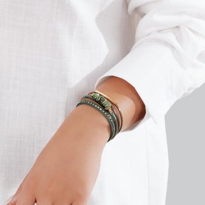 Boho Gemstone Beaded Leather Wrap Bracelets Stackable Chunky Cuff Bracelet Western Jewelry Cowboy Chic Country Concert Outfits for Women - color: Green