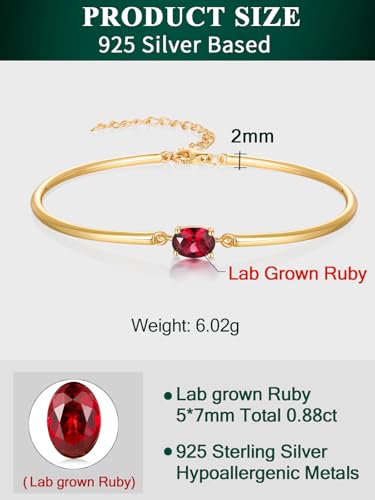 Moissanite/Sapphire/Ruby/Emerald Cuff Bracelet 1 Carat Oval Cut Center Stone Inlaid 925 Sterling Silver 14K Gold Plated Adjustable Birthstone Bangle for Women fit Wrist 5-7.5 Inch - color: Ruby Gold