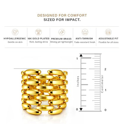 Namami Adjustable Gold Plated & Rhodium Plated(Silver) Wrap Rings for Women | Stackable Pure Brass Tarnish Free & Hypoallergenic, Minimilist Brick Design, 18K Gold Plated Wide Band Chunky Statement Ring - color: Gold