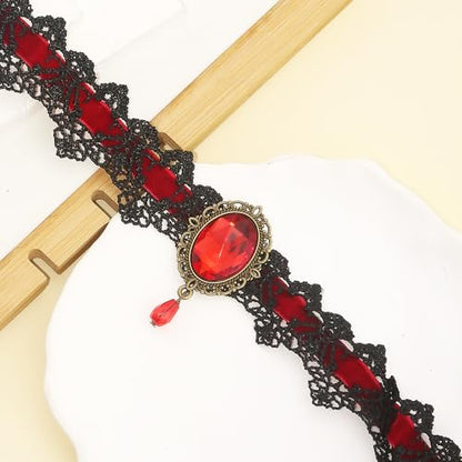 Lace Choker Witch Necklace for Women Halloween Gothic Lace Collar Punk Rhinestone Gothic Necklace Prom Jewelry Halloween Vampire Choker Necklace Costume Emo Witch Accessories - color: Red