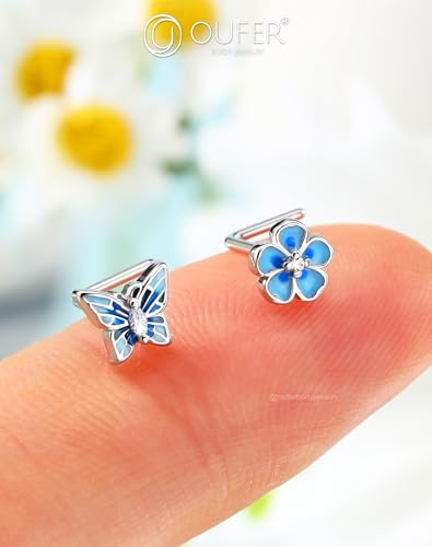 OUFER 2PCS Stainless Steel Nose Rings, Moon Star Butterfly Design 20G Nostril Dangle Piercing Jewelry - 7MM - style: Blue Butterfly Butterfly