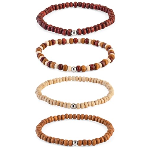 Avoirr Set of 4 Natural Wood Beaded Bracelets for Men & Women – 4mm Handmade Stretchable Wooden Beads in Natural, Tan & Maroon – Unisex Fits (7–7.5 inch)