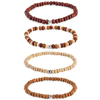 Avoirr Set of 4 Natural Wood Beaded Bracelets for Men & Women – 4mm Handmade Stretchable Wooden Beads in Natural, Tan & Maroon – Unisex Fits (7–7.5 inch)