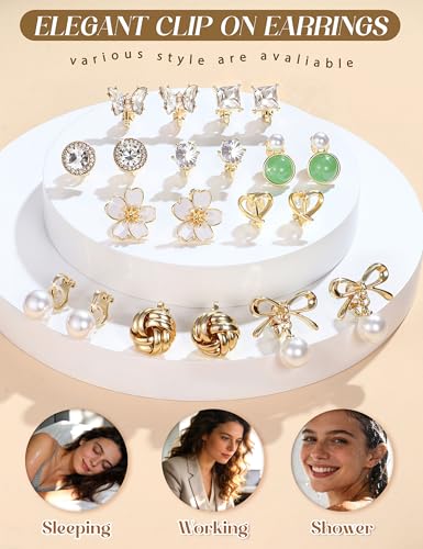 THUNARAZ 10Pairs Clip On Earrings for Women Lightweight Non Pierced Set | Hypoallergenic Gold Stud Earrings,Fake Earrings Set,Cute Pearl CZ Flower Cat Heart,Secure Clip Fit,Extra Soft Silicone Pads - style: goldA