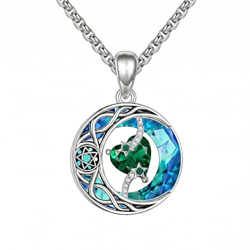 ONEFINITY Moon Star Necklace 18K White Gold Plated Celtic Moon Birthstone Pendant Necklaces Heart Birthstone Anniversary Birthday Jewelry Gifts for Women Wife Mom - style: May