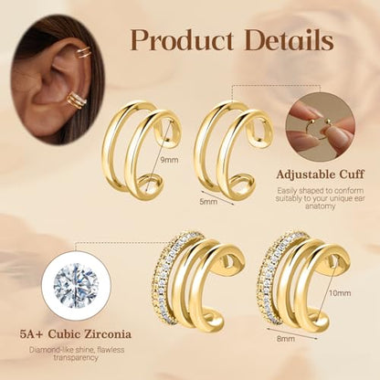 Ear Cuff Earrings for Women Non Piercing Helix Cartilage Clip on Ear Cuffs 14K Gold Plated & Sterling Silver Stainless Steel Hypoallergenic Huggie Hoop Fake Earring Set Jewelry Gift - color: A3-Stylish Cuff Set