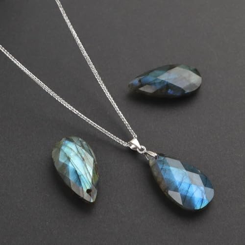 iSTONE 925 Sterling Silver Natural Crytral for Womens Pendant Necklace, Gemstone Birthstone with 17.8" Silver Chain Ladies - color: Labradorite- faceted