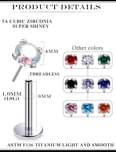 20G 18G 16G Astm F136 Titanium Threadless Flat Back Earrings Nose Studs Tragus Helix Conch Cartilage Lobe Earrings Medusa Labret Snake Bite Monroe Lip Ring Piercing Jewelry For Women Men - size: 18G-8MM Bar-CZ 4MM