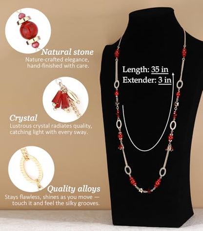 Long Gold Boho Necklaces for Women Beaded Statement Chain Long Necklace Gold Costume Jewelry Birthday Gifts for Her - color: Dark Red