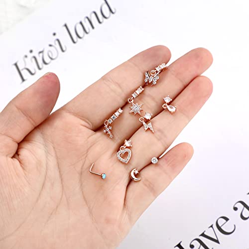 18 Pcs Dangle Nose Ring L Shaped Dangling Nose Stud Nose Ring Hoop Indian Nose Piercing Jewelry with Charm - color: Rose Gold