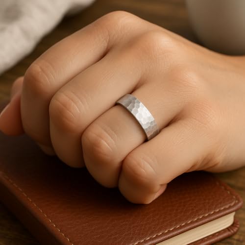 925 Sterling Silver Wedding Ring Hammered Flat Pipe Cut Textured Thick & Durable Handmade Unisex Mens & Women Rustic Engagement Promise Band - US Size 4-13 - Custom Engraving - color: 01 - 6mm Silver