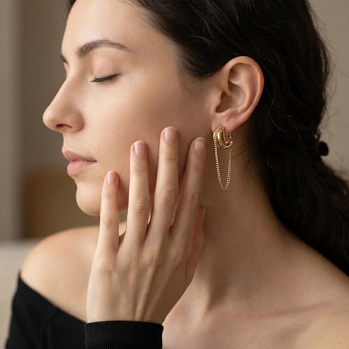 Gold Silver Trendy Clip On Dangle Earrings for Women | Clip On Drop Earrings, Tassel Chain Hoop Earrings, Non Piercing, Fashion Jewelry Gifts - color: A Clip-Gold