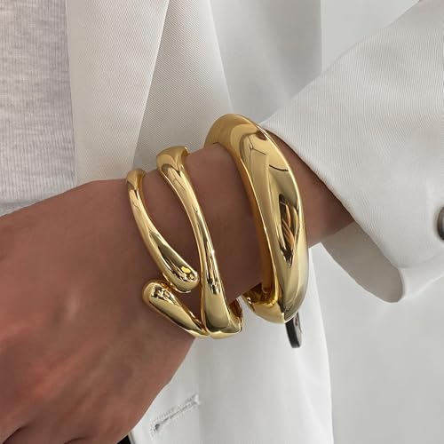 IFKM Gold Chain Bracelets Set for Women, 14K Gold Plated Multiple Layered Stackable Open Cuff Bangle Bracelet Anklet Bracelets Adjustable Link Tennis Beads Italian Cuban Jewelry for Women Gift - style: 3pcs Chunky Gold 1